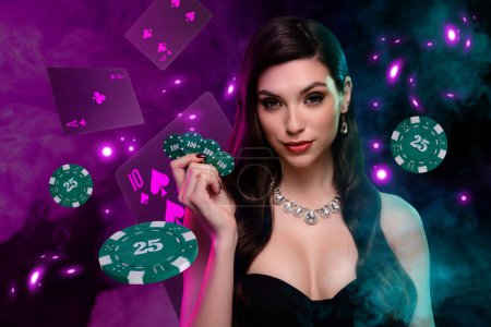 Photo for Creative drawing collage picture of stunning confident young lady hold casino chips play cards gambling. - Royalty Free Image