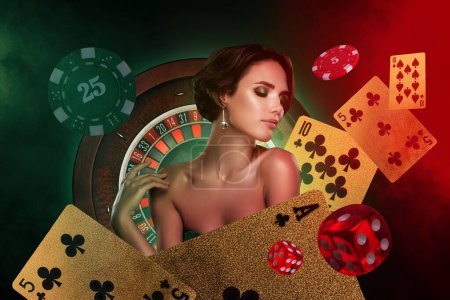 Téléchargez les photos : Collage affiche créative de belle riche jeune femme sexy casino gagnant jeu blackjack roulette jetons dés. - en image libre de droit