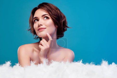Photo for Portrait of model bare lady awakening cozy morning at home comfortable mattress isolated on blue color background. - Royalty Free Image