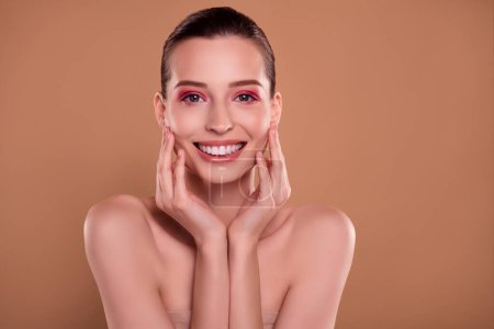 Photo for Photo of attractive pretty lady touch face applying skincare bodycare product enjoying pampering hygiene. - Royalty Free Image