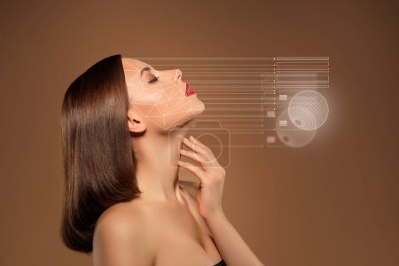 Téléchargez les photos : Collage tendance créative de femme séduisante toucher cou intelligence artificielle numérisation visage brun fond de couleur. - en image libre de droit