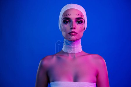 Photo for Portrait of girl plastic surgery patient look with medical elastic bandage isolated neon vivid background. - Royalty Free Image