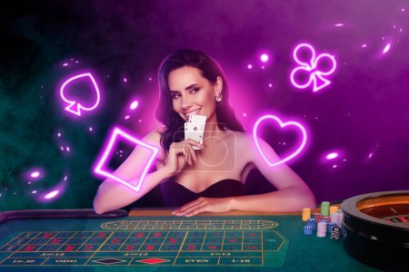 3d retro abstract creative artwork template collage of sexy cunning lady play cards table neon ligh shapes.