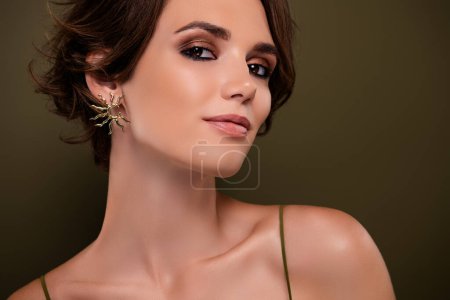 Photo for Close up photo of classy pretty girl wear star shape earrings jewel with vogue style makeover over green background. - Royalty Free Image