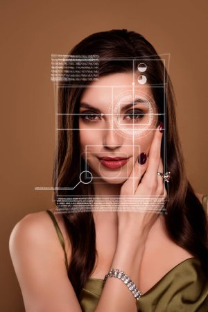 Photo for Vertical creative collage image of pretty young lady millionaire wife touch face id cyber virtual modern technology. - Royalty Free Image