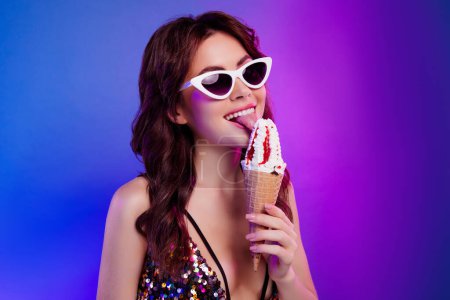 Photo for Photo portrait of lovely young lady hold lick ice cream enjoy summer isolated on retro neon gradient light background. - Royalty Free Image