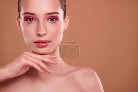 Photo for Close up photo of chic girl touch chin showing luxurious makeover from beauty salon promoting procedure. - Royalty Free Image