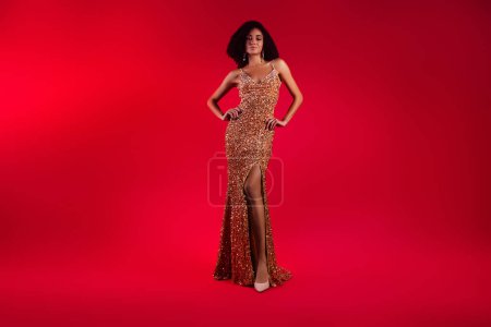 Photo for Photo of classy gorgeous lady famous actress ready for performance over red gradient background. - Royalty Free Image