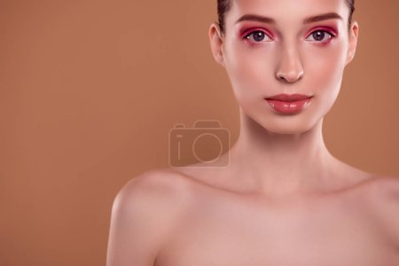 Photo for Close up photo of chic girl with bright glossy makeover promoting beautician stylist treatment. - Royalty Free Image