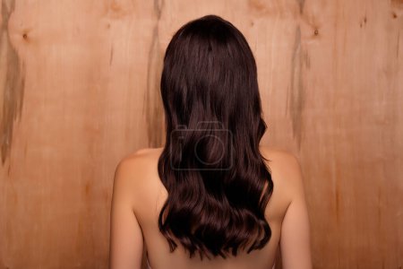 Photo for Back rear photo of woman with long brunette soft hair isolated over wood wooden background. - Royalty Free Image