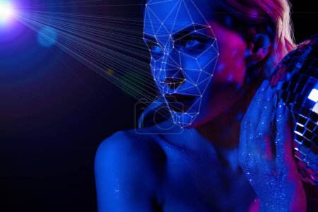 Foto de Collage cyberpunk 3d creativo de acceso innovador club discoteca vip utilizando el reconocimiento biométrico. - Imagen libre de derechos