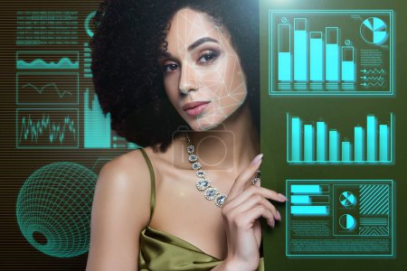 Téléchargez les photos : Collage numérique créatif 3d de belle dame ont biométrique visage balayage peau test en utilisant l'hologramme cyberespace. - en image libre de droit
