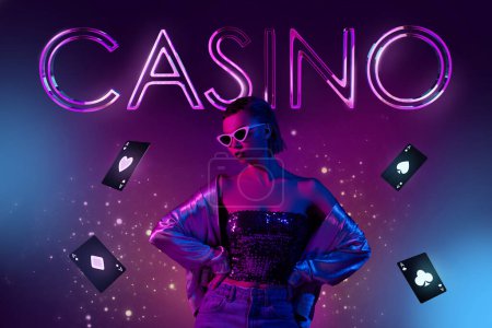 Photo for 3d collage picture of glamour stunning girl multicolor las vegas casino advert lights ace combination card. - Royalty Free Image