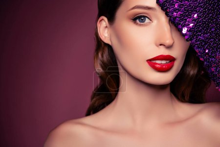 Photo for Close up photo of lady cover face with poster purple sequins look isolated over brown color background. - Royalty Free Image