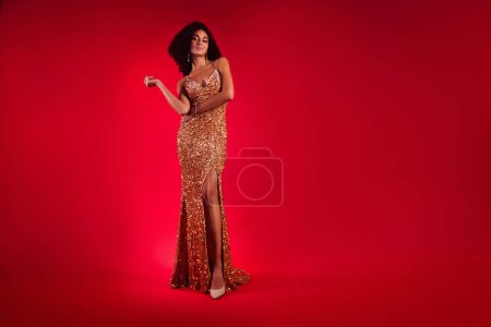 Photo for Photo of fancy chic woman wear dress celebrate festive occasion event isolated over red gradient color background. - Royalty Free Image