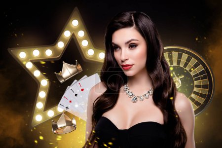 Photo for Artwork collage of classy pretty millionaire lady win fortune casino roulette cards ace combination crown diadem. - Royalty Free Image