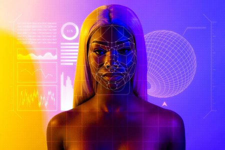Téléchargez les photos : Collage créatif image de jolie fille intelligence artificielle scan beauté données jaune pourpre dégradé couleur fond. - en image libre de droit
