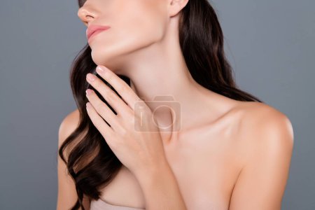 Photo for Cropped photo of woman touch soft skin neck isolated grey color background. - Royalty Free Image