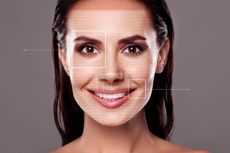 Foto de Collage virtual digital creativo de dama usando aplicación de realidad aumentada para corrección facial de belleza. - Imagen libre de derechos