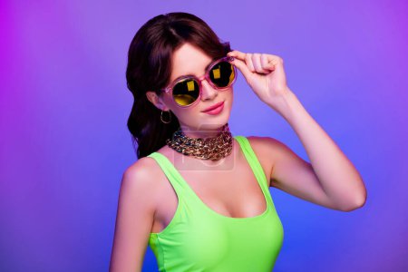 Photo for Photo of girl wear sunglass touch look fashionable isolated multicolor bright background. - Royalty Free Image