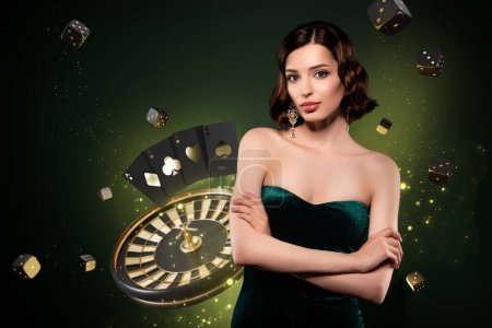 Photo for Artwork collage of stunning elegant lady casino roulette wheel poker cards dice cube isolated on dark background. - Royalty Free Image