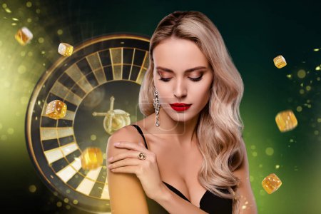 Foto de 3d collage imagen de la encantadora dama con clase mano toque hombro casino dados cubos girando ruleta rueda. - Imagen libre de derechos