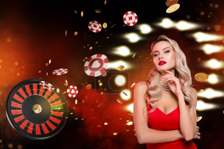 Photo for Artwork collage image of classy pretty lady red dress take risk casino roulette wheel chip tokens bright lights. - Royalty Free Image