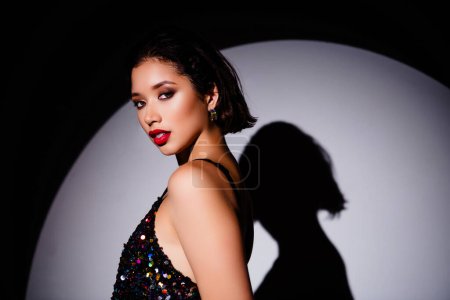 Téléchargez les photos : Profil portrait de fantaisie jolie célèbre chanteuse porter robe brillante silhouette ombre scène projecteur. - en image libre de droit