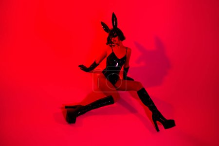 Téléchargez les photos : Photo de fille assise posant sentir tentant porter costume de lapin en cuir noir isolé fond de couleur rouge. - en image libre de droit