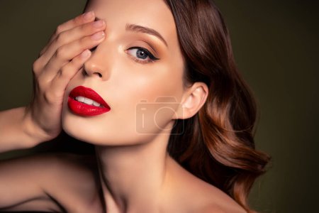 Photo for Close up portrait of classy adorable lovely woman enjoy perfect flawless make up professional visage artist. - Royalty Free Image