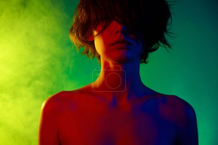 Photo for Photo of woman with brown hair cover close eyes isolated colorful gradient neon background. - Royalty Free Image