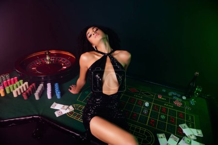 Photo for Photo of attractive chic lady holdem poker shark dance table feel drunk after lucky fortune win. - Royalty Free Image