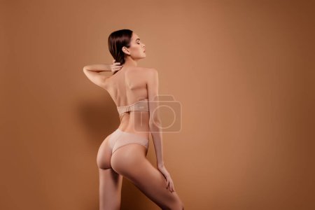 Téléchargez les photos : Photo of shiny sexy lady wear lingerie enjoy anti cellulite procedure emtpy space isolated brown color background. - en image libre de droit