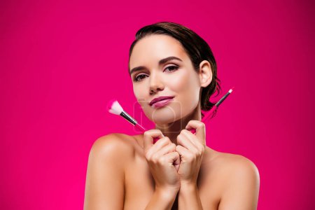 Photo for Photo portrait of attractive young woman enjoy makeup brush face shoulders off isolated on pink color background. - Royalty Free Image