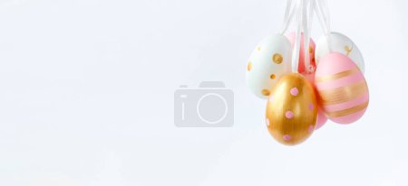 Photo for Banner of pastel Easter eggs isolated on white background. Happy Easter Greeting card with copy space for text. The minimal concept. - Royalty Free Image