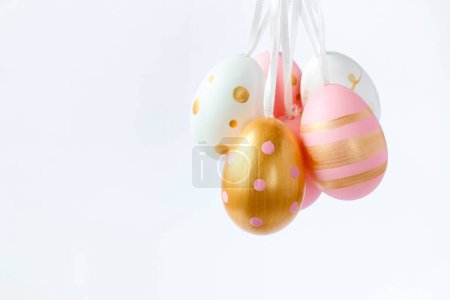 Photo for Pastel Easter eggs isolated on white background. Happy Easter Greeting card with copy space for text. The minimal concept. - Royalty Free Image