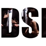 BDSM inscription on background of a sexy submissive girl and dominant man with a whip and handcuffs. Concept collage of erotic role-playing games with submission and domination on a white background
