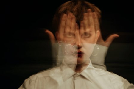 Photo for Psychopath with schizophrenia and mental disorders. The concept of female psychosis and paranoia - Royalty Free Image