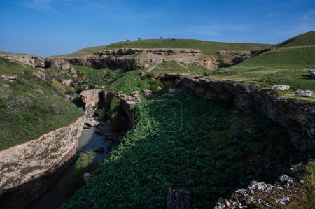 Panoramic view of the Aksu River canyon in Kazakhstan in spring