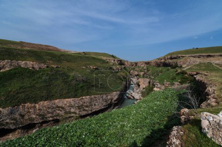 Vista panorámica del cañón del río Aksu en Kazajstán en primavera