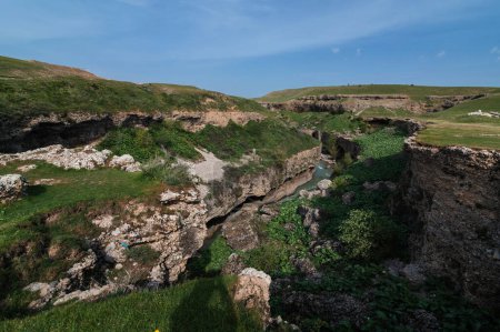 Panoramic view of the Aksu River canyon in Kazakhstan in spring