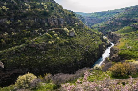Photo for Panoramic view of the Aksu canyon with a river in the rocks in spring in Kazakhstan - Royalty Free Image