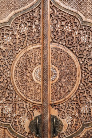 oriental asian pattern Uzbek ornament on wooden carved door in the Museum of Political Repression in Tashkent in Uzbekistan close-up