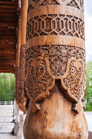 oriental arabic pattern Uzbek traditional ornament on carved wooden column in Tashkent in Uzbekistan close up
