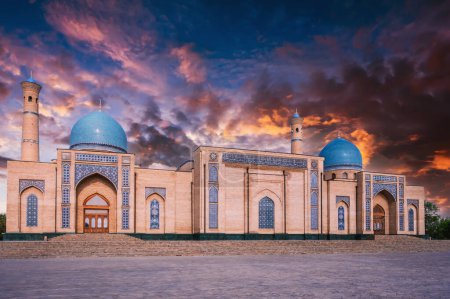 ancient medieval Muslim Islamic mosque Hazrati Imam in Tashkent in Uzbekistan in summer on background of a sunset sky