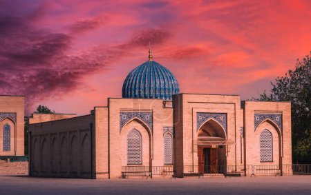 ancient Islamic madrasah Muyi Muborak museum library in Tashkent in Uzbekistan. Architectural complex Hazrati Imam in summer at sunset
