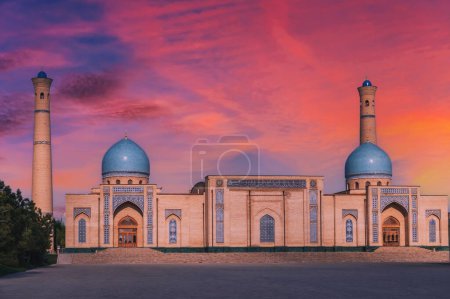 ancient medieval Muslim Islamic mosque Hazrati Imam in Tashkent in Uzbekistan in summer at sunset. Complex Khast Imom