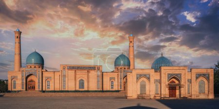 Hazrati Imam architectural complex. Khast Imam Mosque and Muyi Muborak Madrasah Library Museum in summer in Tashkent in Uzbekistan