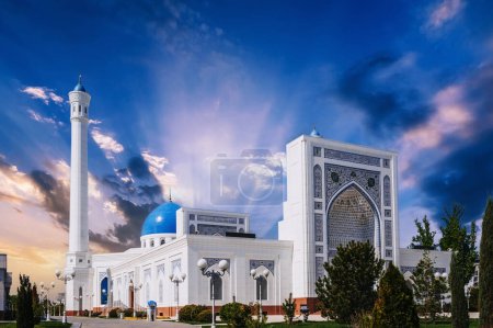 Photo for Landscape with new modern white marble Islamic Masjid Minor Mosque in Tashkent in Uzbekistan in summer - Royalty Free Image