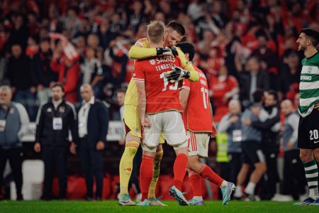 Photo for Anatoliy Trubin celebrates with Casper Tengstedt  during Liga Portugal 23/24 game between SL Benfica and Sporting CP at Estadio Da Luz, Lisbon, Portugal. (Maciej Rogowski) - Royalty Free Image